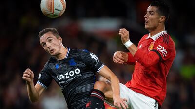 Real Sociedad's Jon Pacheco in action with Manchester United's Cristiano Ronaldo. EPA