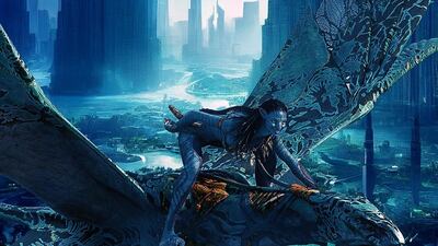 The Na'vi people, inhabitants of Pandora, fly across the Dubai skyline.