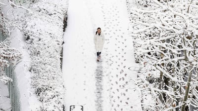 A woman walks along a footpath after snowfall in Seoul. AFP