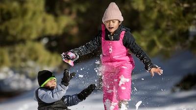 Jedrick Basutista, 5, left, and Janelle Cabrillos, 7, play in the snow along Table Mountain Road in Wrightwood, California. All photos: Getty Images