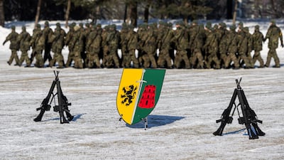 Bundeswehr troops march during a public ceremony to mark the expansion of Germany's Lithuania military commitment in Kaunas, Lithuania last week. Getty