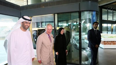 Dr Sultan Al Jaber, chairman of Masdar, and Shamma Al Mazrui, Minister of State for Youth Affairs, welcome Britain’s Prince Charles to Masdar City in Abu Dhabi as part of the British royal’s state visit to the country. Reuters
