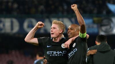 Kevin de Bruyne, left with Fernandinho, has had a lot to celebrate with Manchester City this season. Maurizio Lagana / Getty Images