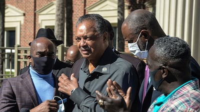 Reverend Jesse Jackson enters the Glynn County Courthouse in Brunswick, Georgia, during the trial over the death of Ahmaud Arbery, on November 15, 2021. AP
