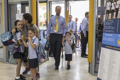 Students of British School of Al Khubairat arrive for their first day of the new year. Navin Khianey / The National.