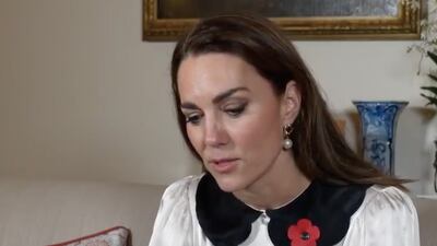 For a Remembrance Day Zoom call, the Duchess of Cambridge wore a scalloped Ghost blouse on November 11. Instagram / Kensington Royal