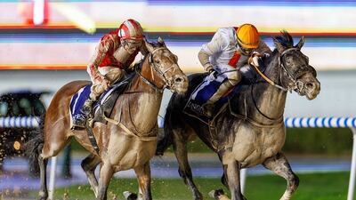 Tadhg O’Shea on Franz Strauss won on sloppy underfoot conditions in the fourth Dubai World Cup Carnival meeting on Friday, January 27, 2023. Photo: Adiyat Racing Plus