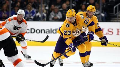 Dustin Brown of the Los Angeles Kings skates up ice against the Philadelphia Flyers at Staples Center on October 14, 2016, in Los Angeles, California. Sean M. Haffey / Getty Images
