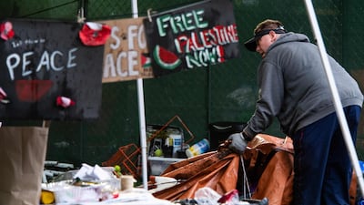 Maintenance staff and waste disposal crews clean up after police cleared a pro-Palestine protest camp on the campus of the University of Pennsylvania in Philadelphia. AFP