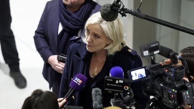 Marine Le Pen arrives for her trial on suspicion of embezzlement of EU funds at a court in Paris. AFP