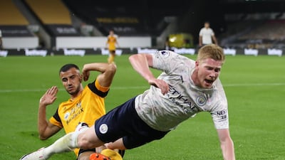 Manchester City's Kevin De Bruyne is fouled in the penalty area by Wolverhampton Wanderers' Romain Saiss and a penalty is awarded. Reuters