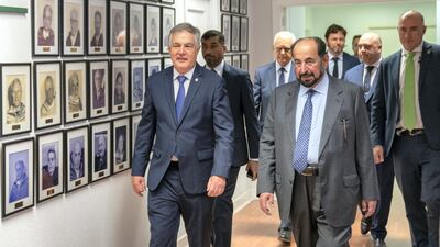 Sheikh Dr Sultan bin Muhammad Al Qasimi walks with Rafael Garesse, the dean of Universidad Autónoma de Madrid (Autonomous University of Madrid). Courtesy Sharjah Media Office