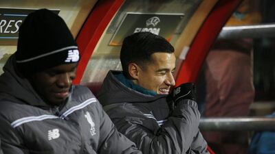 Football Soccer - FC Sion v Liverpool - UEFA Europa League Group Stage - Group B - Stade Tourbillon, Sion, Switzerland - 10/12/15Liverpool substitutes Philippe Coutinho and Christian Benteke Action Images via Reuters / Lee SmithLivepicEDITORIAL USE ONLY.
