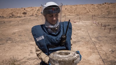 Part of an anti-tank device discovered in a minefield that stretches at least 6km in an area south-west of Raqqa city. Getty