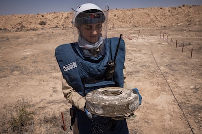 Part of an anti-tank device discovered in a minefield that stretches at least 6km in an area south-west of Raqqa city. Getty
