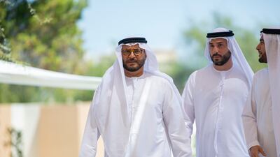 Dr Anwar Gargash, diplomatic adviser to the President, attends condolences on the death of Sheikh Hazza, at Al Mushrif Palace. Ryan Carter / Presidential Court