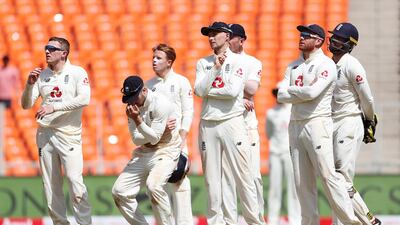 Left to right: England's Dom Bess, Jack Leach, Ollie Pope, Joe Root, Jonny Bairstow and Ben Foakes after an unsuccessful review for the wicket of India batsman Rishabh Pant during the fourth Test in Ahmedabad on Friday, March 5. Getty