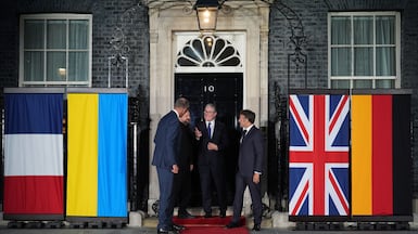 From left, German Chancellor Friedrich Merz, Ukrainian President Volodymyr Zelenskyy, UK Prime Minister Keir Starmer and French President Emmanuel Macron gather outside Downing Street after talks on the war with Russia. PA