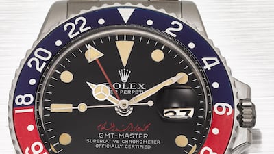 The extremely rare Rolex GMT-Master features Sheikh Mohammed bin Rashid Al Maktoum's name on its dial. Courtesy Christie's