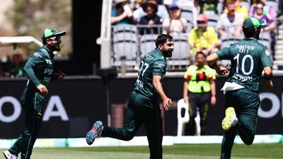 Haris Rauf, centre, after dismissing Australia's Glenn Maxwell for the third time in the ODI series. AP