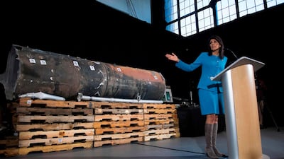 The US ambassador to the United Nations Nikki Haley unveils previously classified information intending to prove that Iran provided the Houthi rebels in Yemen with missiles and other weapons, at Joint Base Anacostia in Washington, DC on December 14, 2017. Jim Watson / AFP