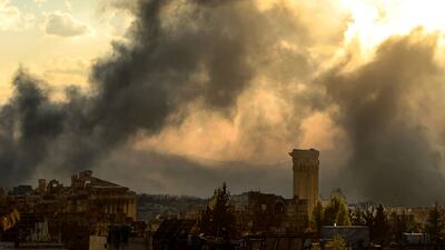 Smoke rises over ancient Roman ruins in Lebanon's Baalbek city following an Israeli air strike on October 31. AFP