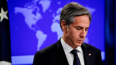 Secretary of State Antony Blinken speaks to reporters during a press briefing at the State Department in Washington, January 27, 2021. Pool Photo via AP