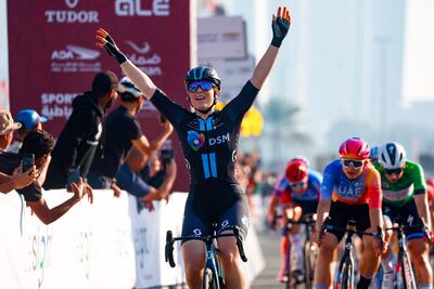 Charlotte Kool celebrates her victory on Stage 4 of the UAE Tour Women at Abu Dhabi Breakwater on Sunday, February 12, 2023. Luca Bettini/SprintCyclingAgency©2023