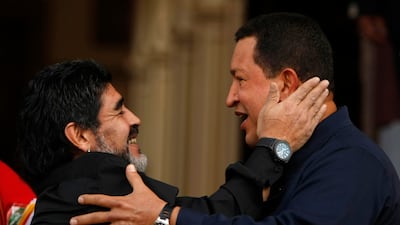 Diego Maradona, and Venezuela's late President Hugo Chavez, embrace at the Miraflores presidential palace in Caracas, Venezuela. On Monday, Aug. 7, 2017, Maradona posted on Facebook: "We are Chavistas to the death" to pledge his support for Chavez's successor, president Nicolas Maduro. Fernando Llano / AP