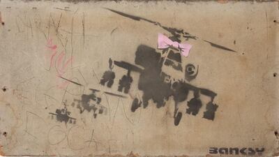 Banksy's 'Happy Choppers' from 2002, estimated at £100,000-150,000. Courtesy Sotheby's
