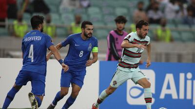 Portugal's Bernardo Silva, right, in action during the World Cup 2022 Group A qualifying match against Azerbaijan at the Olympic Stadium in Baku. AP