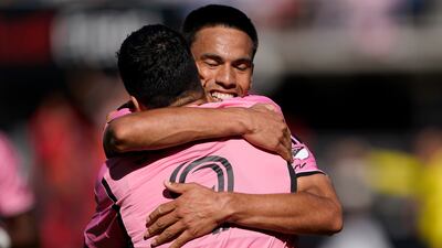 Inter Miami midfielder Diego Gomez, right, and striker Luis Suarez celebrate a goal. AP