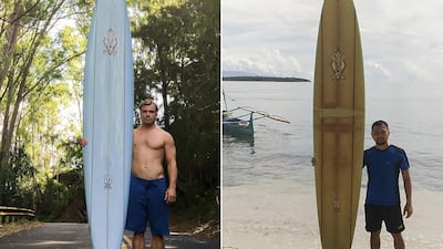 Doug Falter posing with his surfboard in Hawaii in October 2015 (left) and Giovanne Branzuela with the same surfboard on Sarangani island in the Philippines (right). AFP Photo