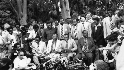 Robert Mugabe, newly elected president of Zimbabwe, holds a press conference in his garden in Mount Pleasant, Salisbury on March 6, 1980. Keystone / Getty Images
