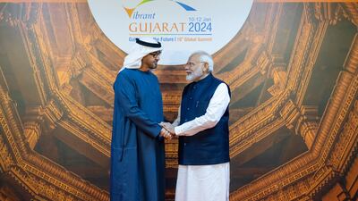 President Sheikh Mohamed with Prime Minister Narendra Modi of India at the Vibrant Gujarat Global Summit, in Gandhinagar, Gujarat. Photo: Hamad Al Kaabi / UAE Presidential Court