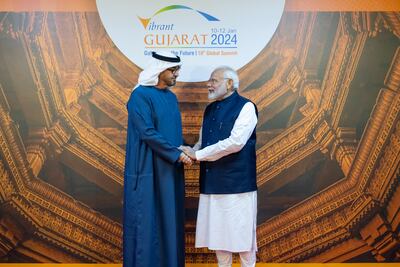 President Sheikh Mohamed greets Indian Prime Minister Narendra Modi at the Vibrant Gujarat Global Summit in January. Since July last year, Mr Modi has visited the UAE three times and Sheikh Mohamed has visited India twice. Hamad Al Kaabi / UAE Presidential Court