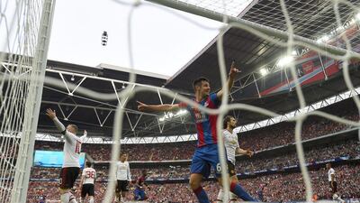 Scott Dann of Crystal Palace (6) celebrates as Jason Puncheon of Crystal Palace scores their first goal during the FA Cup Final match between Manchester United and Crystal Palace at Wembley Stadium on May 21, 2016 in London, England. (Mike Hewitt/Getty Images)
