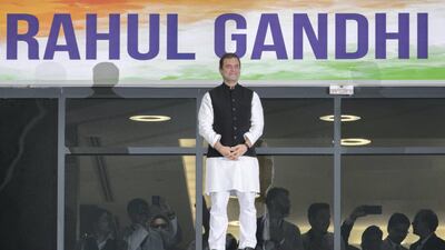 Rahul Gandhi addresses the public at Dubai International Cricket Stadium. Reem Mohammed / The National