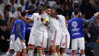 UAE players celebrate after Ali Mabkhout scored against Australia in the AFC Asian Cup quarter-final at Hazza Bin Zayed Stadium, in Al Ain, on January 25, 2019. Getty