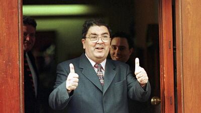 John Hume in buoyant mood on May 21, 1998, as he arrives for a breakfast meeting with then British prime minister Tony Blair and Ulster Unionist leader David Trimble at Dunadry Hotel to encourage a Yes vote for a Northern Ireland peace referendum. EPA