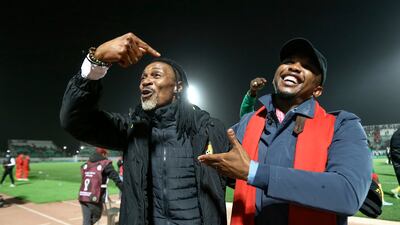 Cameroon Football Federation president Samuel Eto'o, right, with manager Rigobert Song. AP
