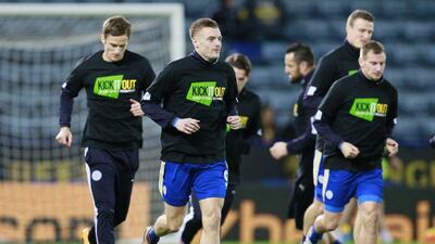 Leiceser City’s Jamie Vardy warms up with teammates before their Premier League match against Liverpool at the King Power Stadium. Jason Cairnduff / Action Images / Reuters