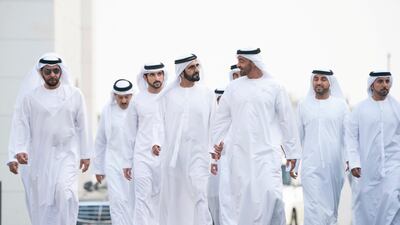Sheikh Mohamed bin Zayed, Crown Prince of Abu Dhabi and Deputy Supreme Commander of the UAE Armed Forces, centre right, receives Sheikh Mohammed bin Rashid, Vice-President and Ruler of Dubai, centre left, during an iftar reception at Al Bateen Palace. Seen with Sheikh Hamdan bin Zayed, Ruler's Representative in Al Dhafra Region, left, and Sheikh Hamdan bin Mohammed, Crown Prince of Dubai, back second left. All photos by Ministry of Presidential Affairs