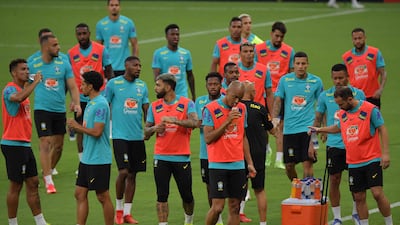 Brazil players take part in a training session at the Arena da Amazonia Stadium. AFP