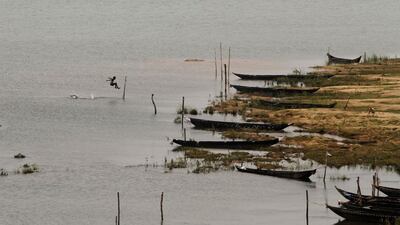 An Indian boy jumps in the air and into the water as he cools off in the River Kathajodi on the outskirts of Bhubaneswar, India. Biswaranjan Rout / AP Photo