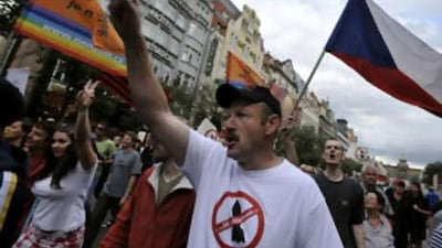 Czech demonstrators shout slogans against a disputed missile defence radar system during a protest in downtown Prague, Czech Republic, on July 8, 2008.