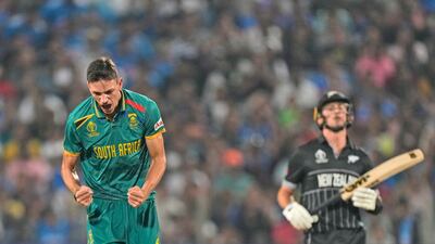 South Africa's Marco Jansen celebrates the wicket of New Zealand's Devon Conway. AP