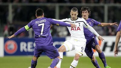 Roberto Soldado, centre, of Tottenham Hotspur controls the ball during a Europa League Round of 32 match against Fiorentina at Artemio Franchi stadium on February 26, 2015, in Florence, Italy. Gabriele Maltinti / Getty Images