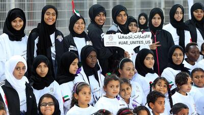 Students from various schools take part in sports events at Hazza bin Zayed stadium in Al Ain. Satish Kumar / The National