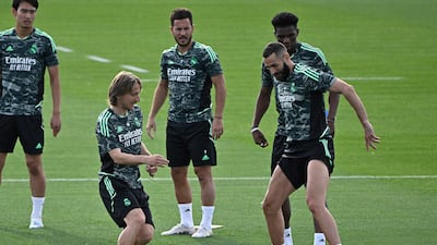 Real Madrid's Luka Modric and Karim Benzema train at Valdebebas Sport City on Tuesday, May 8, 2023. Real face Manchester City in a Champions League semi-final first leg on Tuesday. AFP